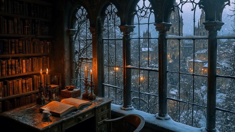 Winter Gothic Library Ambience 🕯️ Dark Academia Snow Night for Reading, Study & Relaxing