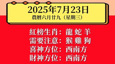 小運播報：2025年7月23日(星期三) 農曆六月廿九