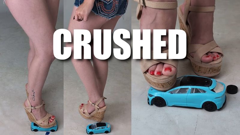 Giantess Monica high heels car crushing in cork wedges