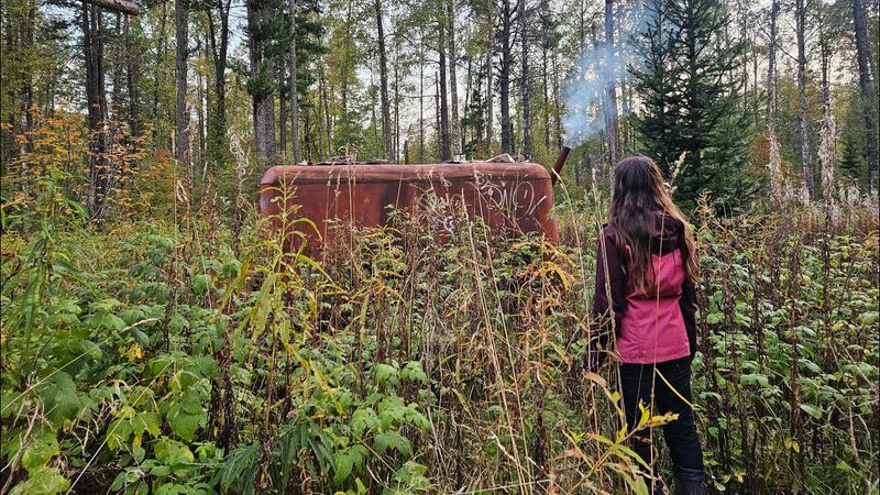 Cabane en fer avec poêle dans la taïga. Traces d'ours. Nettoyage et nuitée.