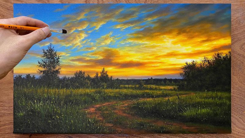 How to draw a sunrise sky / Sunrise landscape painting / Acrylic painting / A Lu Art.