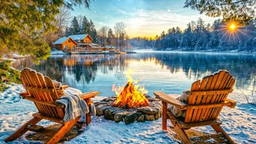 Relaxing Morning Winter Lake Scene: Gentle Snowfall, Cozy Campfire Ambience and Calm Nature Sounds