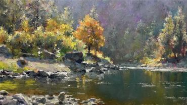 Oil pastel / By the river.