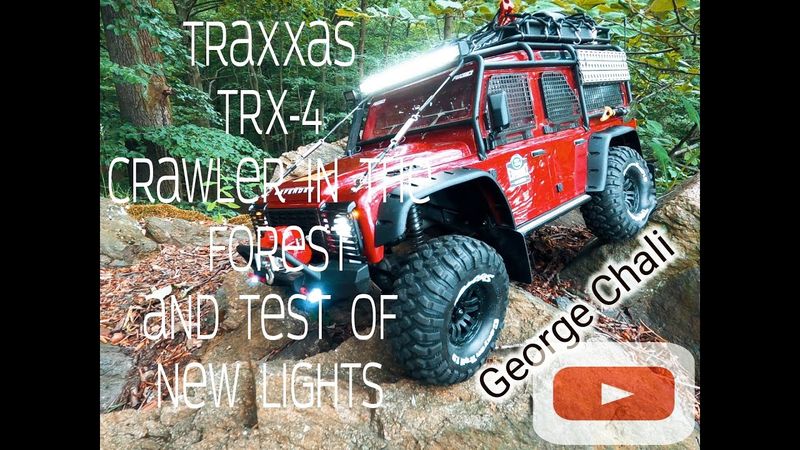 RC Traxxas trx4 crawler in the forest and test of new lights