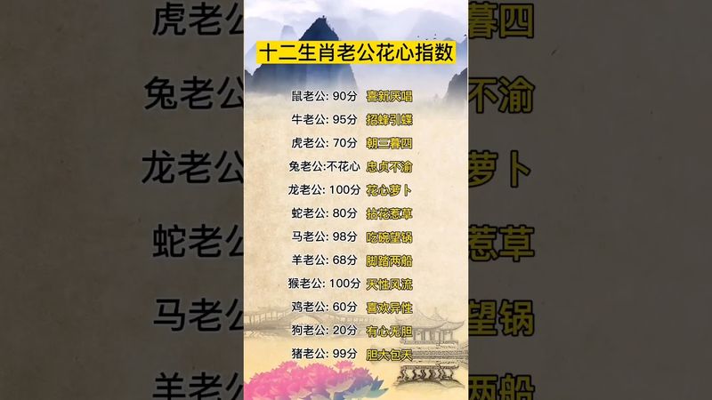 《十二生肖花心指數》老公的花心指數！你家老公多少分呢？#正能量 #生肖 #十二生肖 #情感 #玄學 #命理 #花心 #情感 #國學文化 #傳承文化 #民間傳說 #男人女人