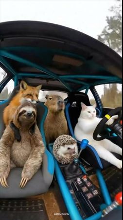 Кот за рулём багги валит боком, а в салоне — капибара, лиса, ленивец ...