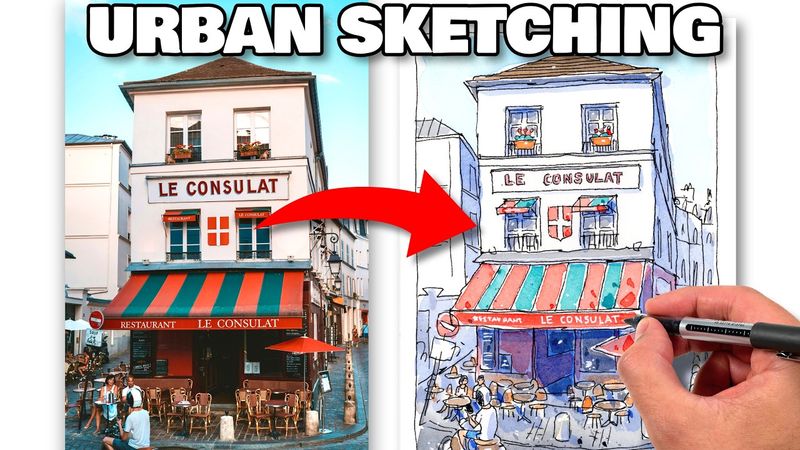 Urban Sketching Tutorial For Beginners | Paris Restaurant Line & Wash Sketch