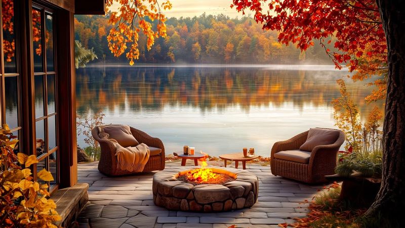Serene Autumn Morning by the Lake: Cozy Crackle Fire Pit and Relaxing Nature Sounds for Study