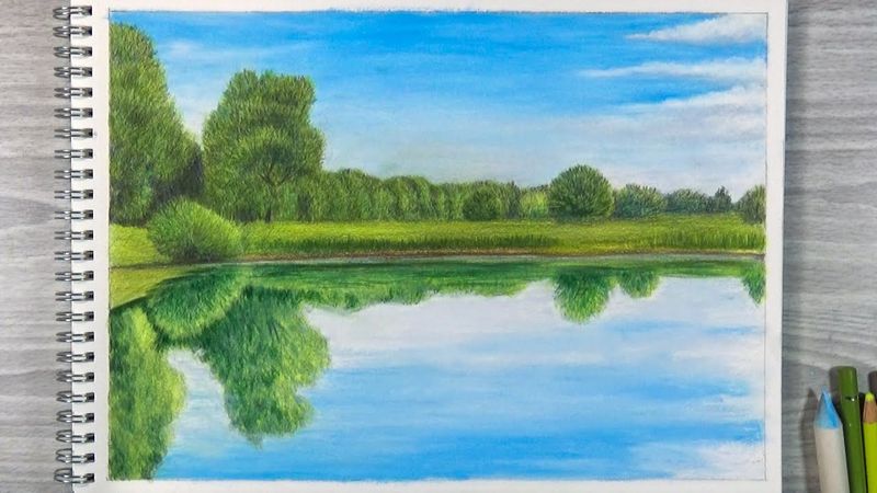 How To Draw A Landscape Using Colored Pencil and Oil Pastel || Tree Drawing - Speed Drawing