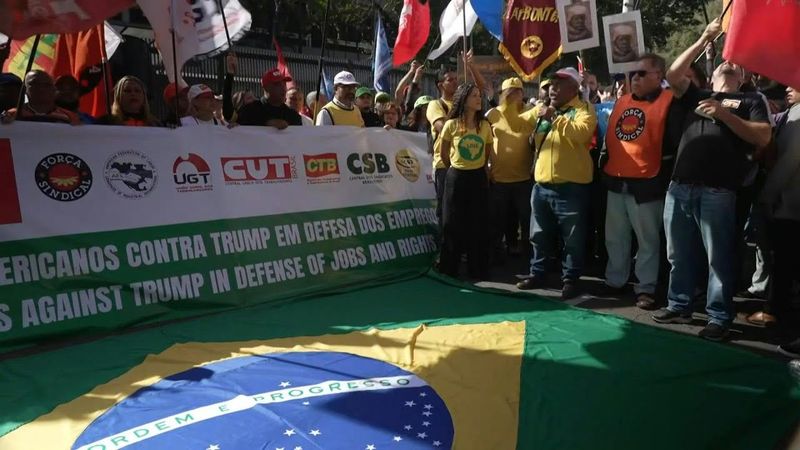 Protesters rally outside US consulate in Sao Paulo denouncing tariffs imposed by Trump | AFP