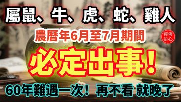 屬鼠、牛、虎、蛇、雞的人!農曆六月至七月期間必定出事!60年難遇一次!再不看 就晚了!#生肖 #財運 #運勢 #屬相 #風水 #命理