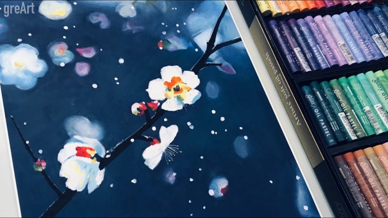 Oil pastel/Flower on a snowy night