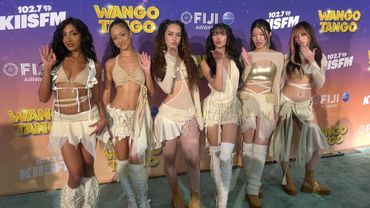 Girl group KATSEYE attends iHeartRadio's 102.7 KIIS FM Wango Tango 2025 green carpet
