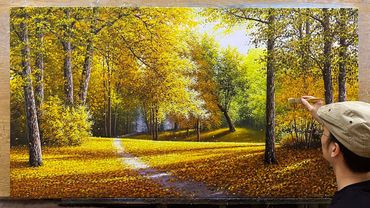 How to draw a golden autumn forest scene #13 / Beautiful autumn landscape painting /Acrylic painting