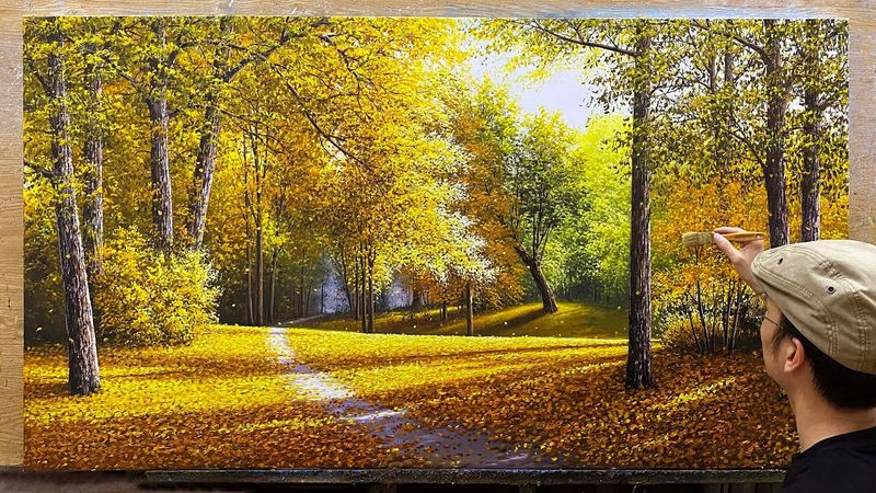 How to draw a golden autumn forest scene #13 / Beautiful autumn landscape painting /Acrylic painting