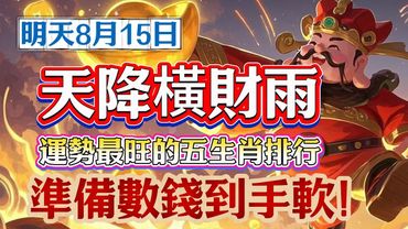 明天8月15日天降橫財雨！運勢最旺的五生肖排行！準備數錢到手軟