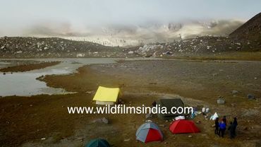 Vasuki Tal campsite above Nandanvan meadow, en route moraine rubble rockfall walk to Kalindi Khal