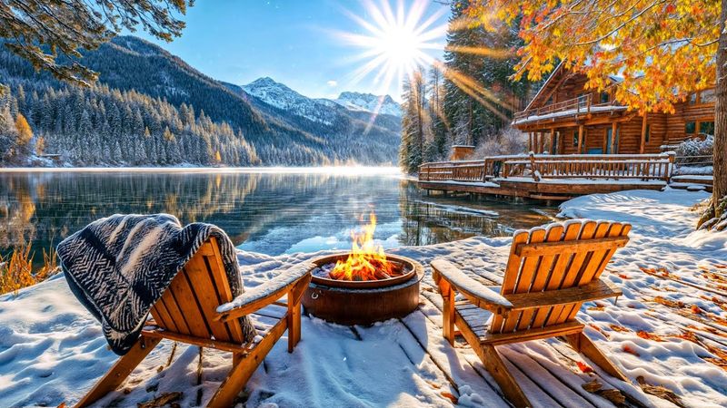 Tranquil Winter Lakeside in the Mountains: Calm Snowfall, Cozy Crackling Fire and Nature Ambience