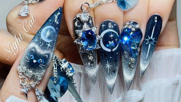 指甲 ASMR | 夜空中的猫咪美甲 🌘🐈‍⬛ 磁性渐变美甲 / 指甲延长