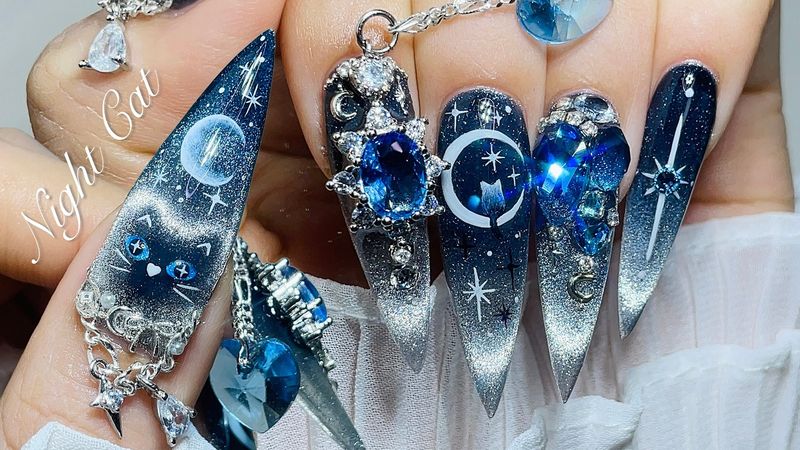 Nail ASMR | Arte de Uñas de Gato en el Cielo Nocturno 🌘🐈‍⬛ Extensiones de Uñas