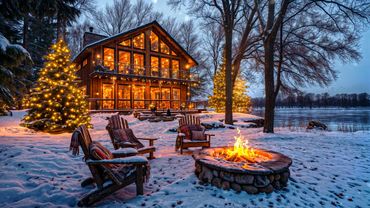 Quiet Christmas Atmosphere at Lakeside Cottage: Snowy Evening with Crackling Fire and Relax Snowfall