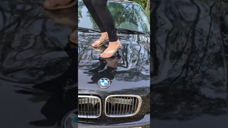 Jumping on my hood in heels #asmrcrunch #carcrushing #highheels #highheelsoncar #jumping