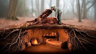 بناء ملجأ مخفي تحت جذع شجرة. مأوى دافئ وسري. مهارات البقاء في البرية