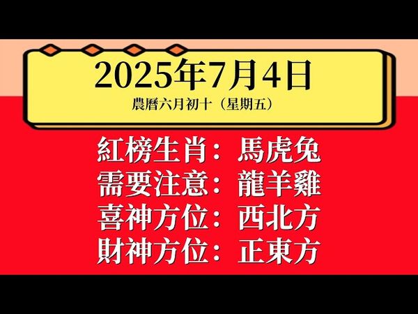 每日小運播報：2025年7月4日（星期五）～農曆六月初十