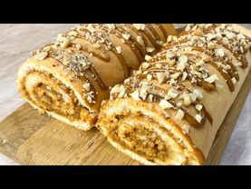 Бисквитный рулет с варёной сгущёнкой и грецкими орехами