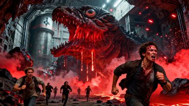 Epic disaster film: Rampaging mutant beast escapes the lab, humans flee to survive