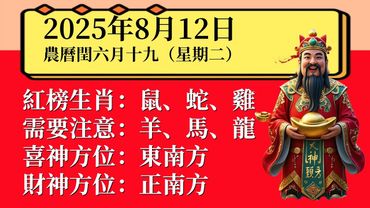 小運播報：2025年8月12日（星期二）農曆閏六月十九