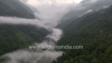 Khati Village veiled mysteriously in monsoon clouds, en route Pindari Glacier in Kumaon, Uttarakhand