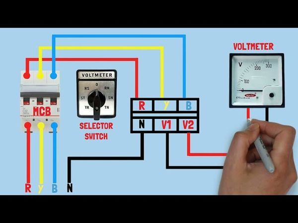 3 phase voltmeter connection with selector switch/