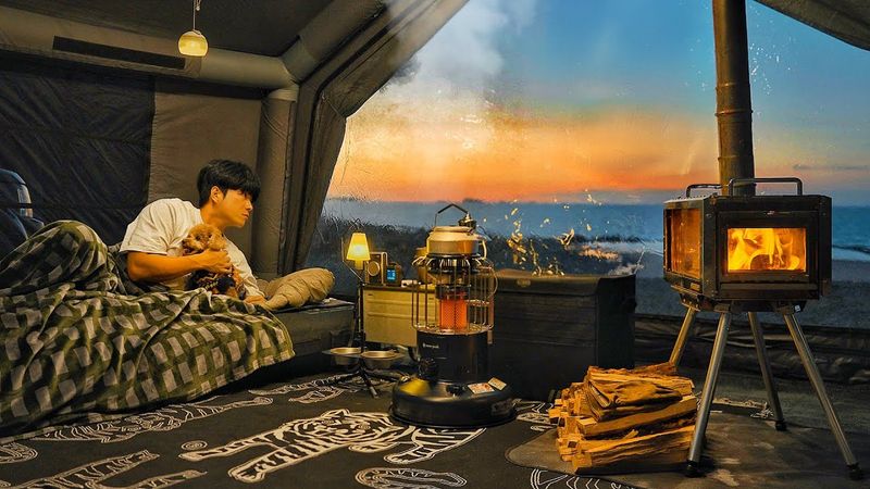 Camping in Quiet Sea with My Dog . Inflatable Hot Tent . Relaxing Waves ASMR