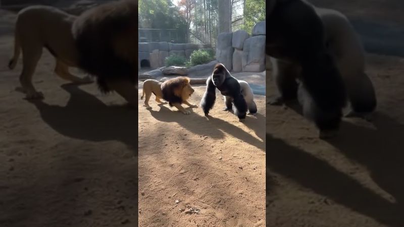 Encontro de Gigantes Gorila vs Leão #VidaSelvagem #InstintoAnimal #ConfrontoAnimal