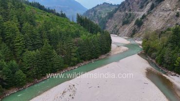 Dharali Bridge before Mukhba - Gangotri, Uttarakhand, with blue-green Ganga flowing past white sands