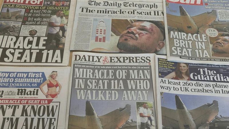 'Miracle of seat 11A': Air India sole crash survivor dominates UK newspapers | AFP