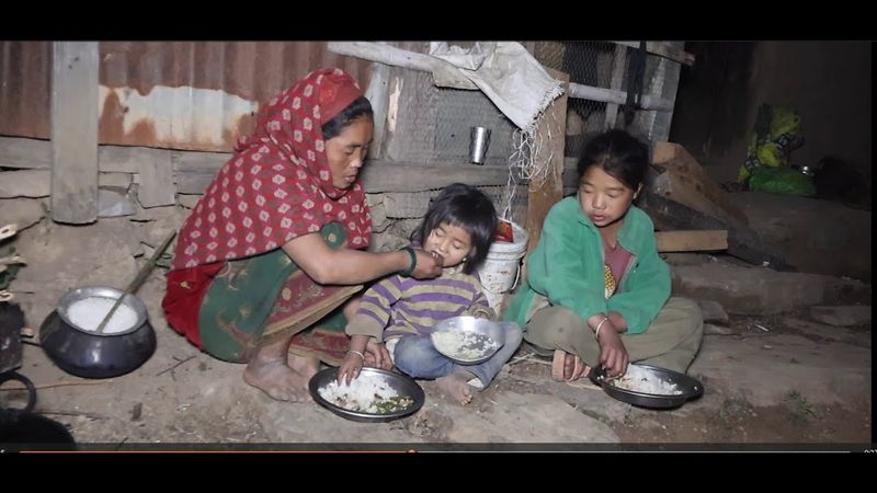 Cooking dry meat and feeding her children by mother || Nepali village life