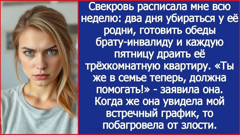 Свекровь расписала мне всю неделю_ два дня убираться у её родни, готовить обеды и драить её квартиру