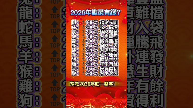 💰2026年誰最有錢？十二生肖財富指數排行！ #運勢 #人生感悟 #生肖