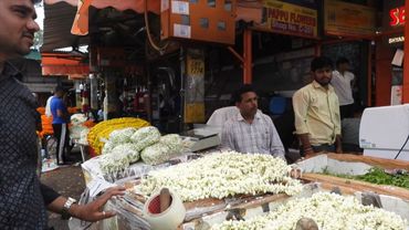 Mogra or motiya flowers being turned into malas or garlands at Gazipur Flower Market in New Delhi