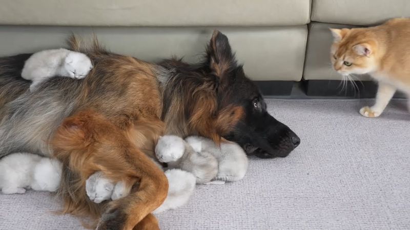 Мама кошка переживает, когда немецкая овчарка заботится о её котёнке лучше неё