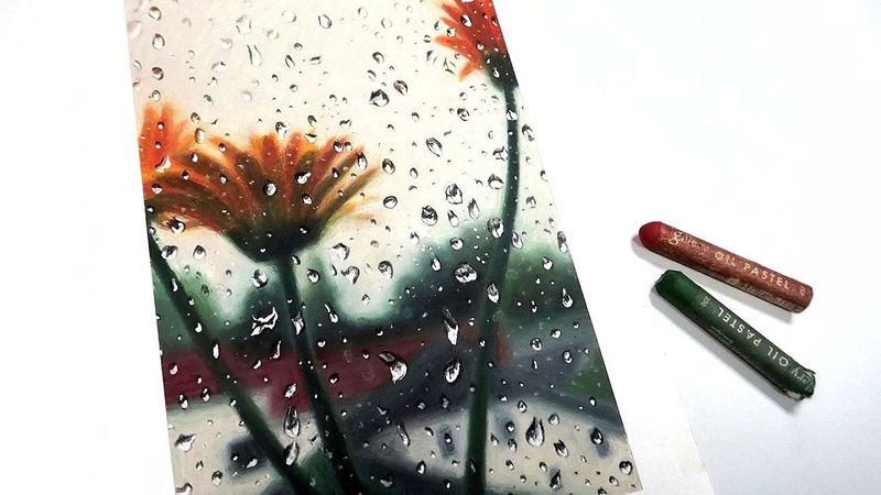 오일파스텔로 비오는 창가 풍경 그리기, Drawing a rainy window view with an oil pastel