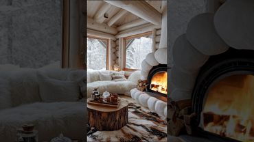 A cozy log cabin interior with a fireplace and snow-covered view.  A relaxing and inviting space.