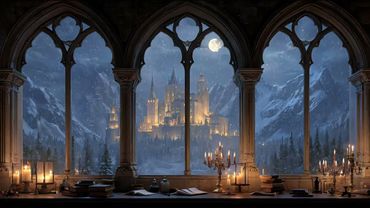 Medieval Castle Winter Window View ❄ Quiet Snow & Relaxing Fantasy Music for Sleep, Study & Focus