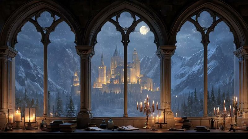 Medieval Castle Winter Window View ❄ Quiet Snow & Relaxing Fantasy Music for Sleep, Study & Focus