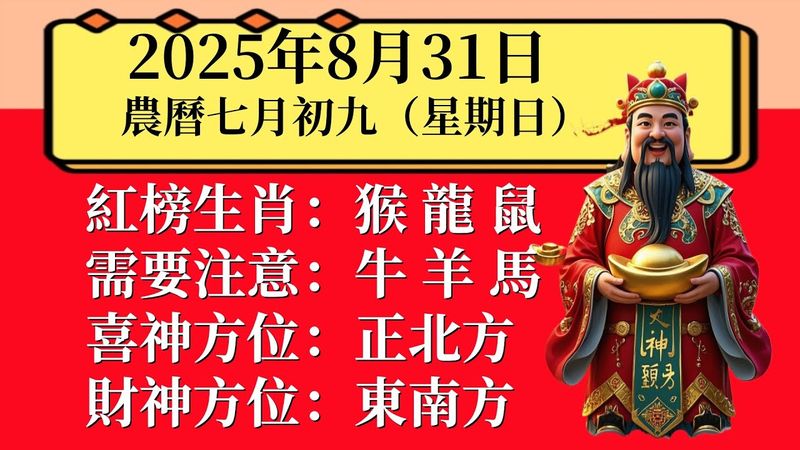 明日小運播報～2025 年 8 月 31 日（星期日） 農曆七月初九