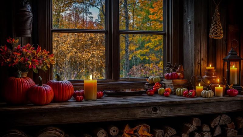Autumn Window Ambience | Cozy Cabin with Pumpkins, Candlelight & Forest View 🍂