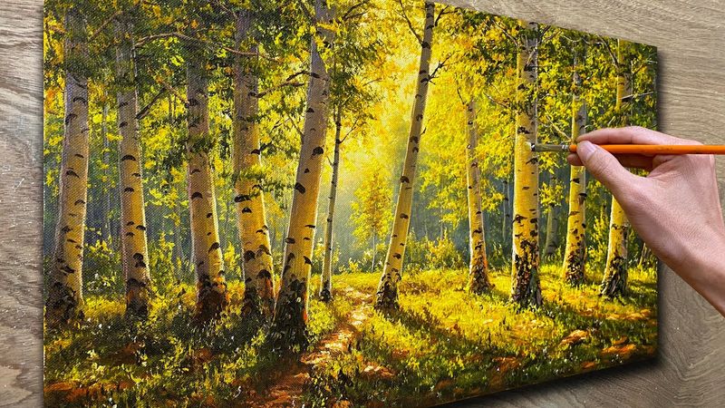 Painting a birch forest / Learn how to draw trees / Acrylic painting / A Lu Art.