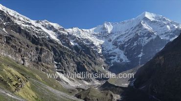 Sunderdhunga Khal rock wall, up valley and towards Panwali Dwar peak, edge of Nanda Devi Sanctuary